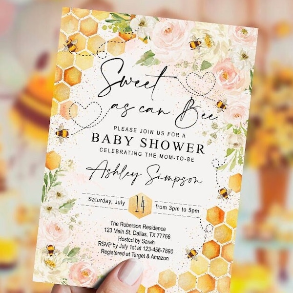 EDITABLE Sweet as can Bee Baby Shower Invitation, set, bee, honey, girl, honeycomb, watercolor, template, printable, Instant, DIGITAL