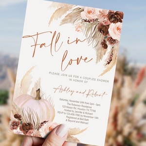 BEWERKBARE Fall in Love bruids douche uitnodiging, pampagras, boho, paren douche, bloemen, verloving, roest, pompoen, bruiloft, digitaal, FL2