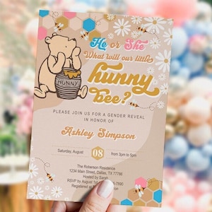 Klassische Winnie the Pooh Gender Reveal Einladung, Er oder Sie, was wird unsere kleine Biene, digital, druckbar, Instant Download, editierbar