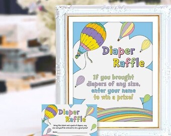 Diaper raffle, card, baby shower, sign, hot air balloon, not editable, digital files, pastel colors