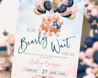 EDITABLE Teddy bear gender reveal invitation, twins, gold, navy, blush, bear with balloons, DIGITAL, printable, GRTB1, INSTANT Download