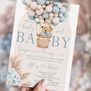 EDITABLE Invitación baby shower osito, cartel de bienvenida, azul polvoriento, beige, boho, arco, niño, bronceado, oso con globos, DIGITAL, imprimible