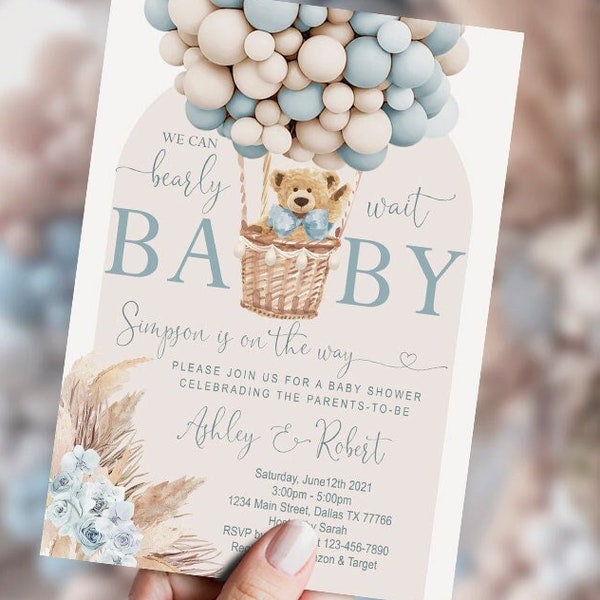 Invitation de baby shower modifiable ours en peluche, panneau de bienvenue, bleu poussiéreux, beige, bohème, arche, garçon, ours avec des ballons, NUMÉRIQUE, imprimable