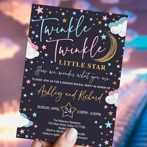 Twinkle Little Star Geschlecht offenbaren Einladung, Set, lila, Willkommensschild, Vorlage, DIGITAL, druckbar, INSTANT Download, bearbeitbar