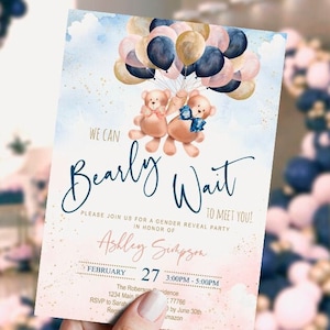 EDITABLE Teddy bear gender reveal invitation, twins, gold, navy, blush, bear with balloons, DIGITAL, printable, GRTB1, INSTANT Download