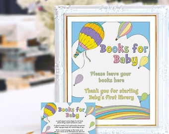 Book request, books for baby card, baby shower, sign, hot air balloon, not editable, digital files, hot air balloon, rainbow, pastel colors