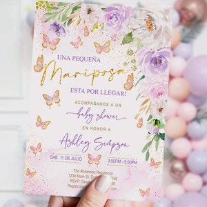 Invitation de baby shower Mariposa, espagnol, fille, lavande, floral, petit papillon, imprimable, numérique, modèle, INSTANTANÉ, modifiable