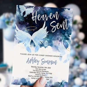 Editable Heaven Sent Baby Shower Invitation, Angel Baby Shower Invitation, Little Angel, halo, Digital, Printable, Instant Download