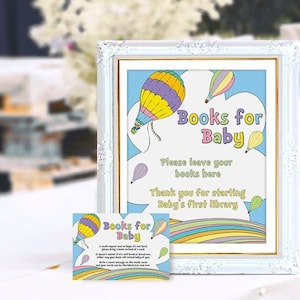 Buchwunsch, Bücher für Babykarte, Babyparty, Zeichen, Heißluftballon, nicht bearbeitet, digitale Dateien, Heißluftballon, Regenbogen, Pastellfarben