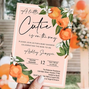 EDITIERBARE Citrus-Babyparty-Einladung, orange, ein kleiner Cutie ist unterwegs, druckbares Set, Grün, Blattwerk, Vorlage, DIGITAL