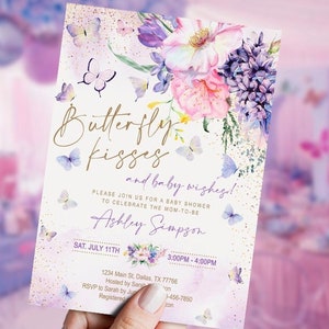 Schmetterlings-Babyparty-Einladung Mädchen, Lavendelblumen, kleiner Schmetterling, Aquarell, lila, druckbar, DIGITAL, Vorlage, SOFORT, BTFL2
