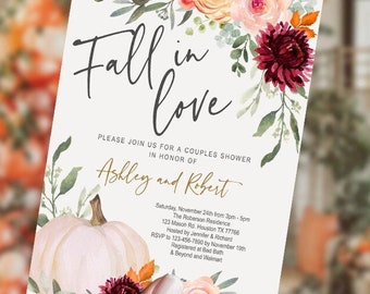 EDITABLE Fall in Love Bridal Shower Invitation Set, Couples Shower, floral, Engagement, Autumn, pumpkin, wedding, DIGITAL, INSTANT, FL1