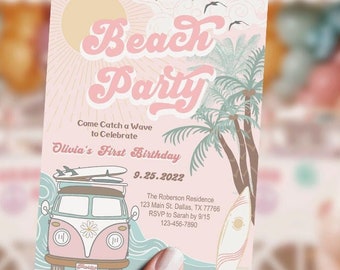 Beach Party Invitation, Girl Birthday Invitation, Surf&#39;s up, summer party, swimming, beach party, printable, digital, INSTANT, Editable