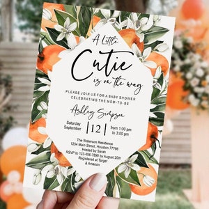 EDITABLE Citrus baby shower invitation set, orange, a little cutie is on the way, printable, greenery, foliage, template, DIGITAL, INSTANT