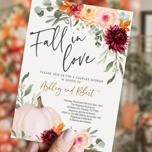 EDITABLE Fall in Love Bridal Shower Invitation Set, Couples Shower, floral, Engagement, Autumn, pumpkin, wedding, DIGITAL, INSTANT, FL1