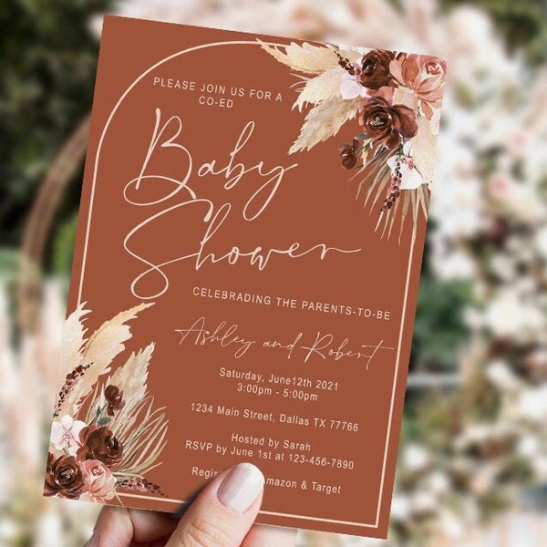 EDITABLE Pampas grass baby shower invitation set, terracotta, boho, modern, fall, desert, rust, bohemian, DIGITAL, printable, INSTANT