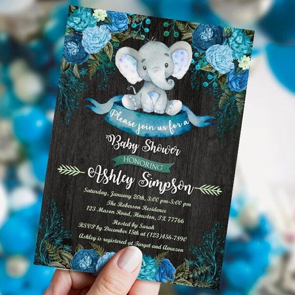 DIGITAL Elephant Baby Shower Invitation boy, Safari, wooden Elephant watercolor invitation, Little peanut, Template, Printable, Editable