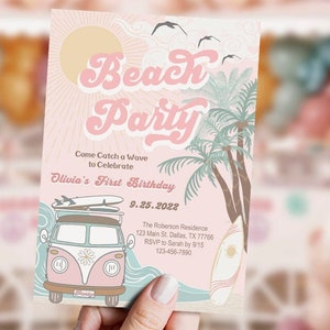 Strandparty-Einladung, Mädchen-Geburtstags-Einladung, Surf's Up, Sommerparty, Schwimmen, Strandparty, bedruckbar, digital, INSTANT, bearbeitbar