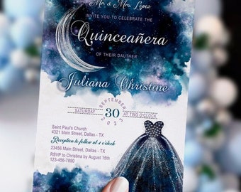 Editable Starry Night Quinceanera Invitation, Mis Quince, Navy, Silver, Galaxy, Purple, 15th Birthday, 16th Birthday, Digital, Instant