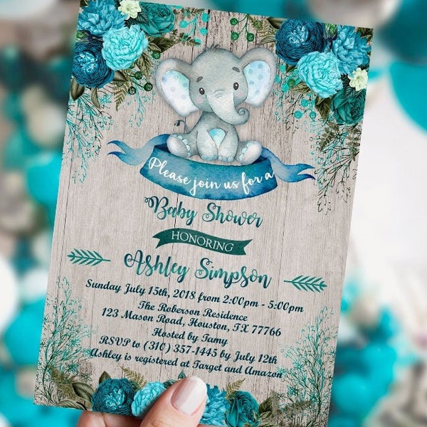 EDITABLE Elephant Baby Shower Invitation boy, Safari Invitation Boy, watercolor, Little peanut, turquoise, printable set, INSTANT, DIGITAL