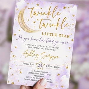 EDITABLE Twinkle little star baby shower invitation, set, sky, stars, printable, DIGITAL, Girl, template, welcome sign, lavender, INSTANT