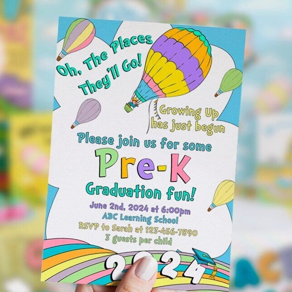 Editable Graduation invitation, 2024, DIGITAL, Pre-k, kindergarten, Preschool, rainbow, pastel colors, neutral, PRINTABLE, Corjl