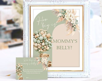 How big is mommy's belly game sign and card, Teddy Bear baby shower, boho, game, printable, neutral, sage, arch, PTBS1, NON-EDITABLE,INSTANT