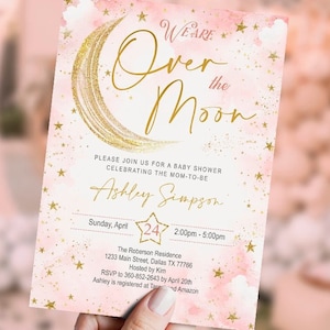 BEWERKBARE Over the Moon baby shower uitnodiging meisje, set, hemel, sterren, afdrukbaar, goud, blozen, DIGITAAL, sjabloon, welkomstbord, ruimte, INSTANT