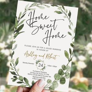 EDITABLE housewarming invitation, home sweet home, greenery, leaves, foliage, eucalyptus, printable, Corjl, INSTANT download