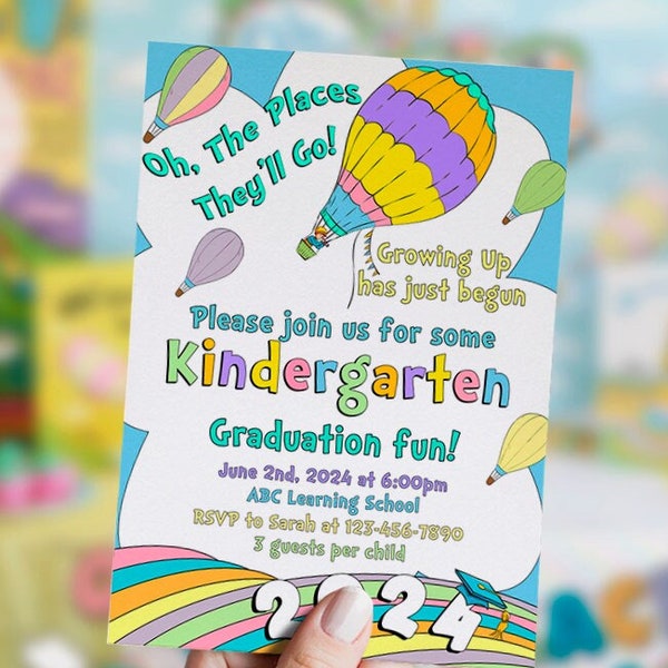 Editable Graduation invitation, 2024 kindergarten, DIGITAL, Pre-k, Preschool, rainbow, pastel colors, neutral, PRINTABLE, Corjl