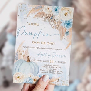 EDITIERBARE Pampasgras-Babyparty-Einladung, ein kleiner Kürbis ist unterwegs, Boho, Wüste, Boho, getrocknete Blätter, printable, digitale Datei