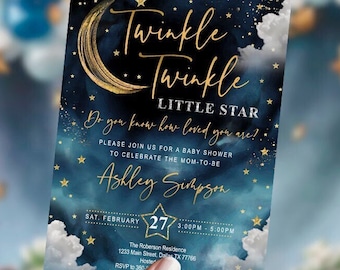 Twinkle little star baby shower invitation, set, sky, stars, navy, printable, DIGITAL, template, welcome sign, space, Instant, Editable TLSB