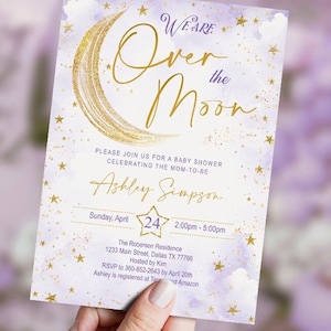 EDITABLE Over the Moon baby shower invitation girl, set, sky, stars, printable, DIGITAL, template, welcome sign, space, INSTANT Download