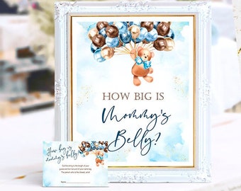 How big is mommy's belly game sign and card, Teddy Bear baby shower, game, printable, boy, NON-EDITABLE, INSTANT Download