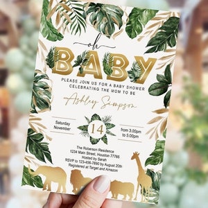 BEWERKBARE Safari baby shower uitnodiging jongen, Jungle uitnodiging, afdrukbaar, neutraal thema, goud, wilde, Oh Baby, DIGITAAL, INSTANT