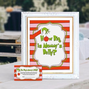 Qual o tamanho da barriga da mamãe, jogo de placa e cartão, Whoville, chá de bebê, Baby Stole Christmas, para impressão, NÃO editável, Verde, Rosa, PDF, INSTANTÂNEO