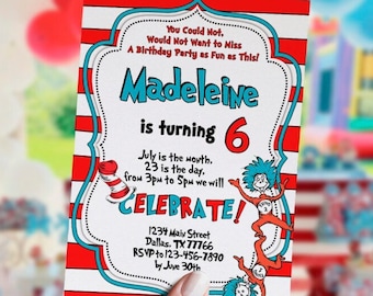 Editable Invitation, red blue party, birthday, cartoon, The Cat, Thing, twins, template, digital files, Neutral, printable, DIGITAL, Instant