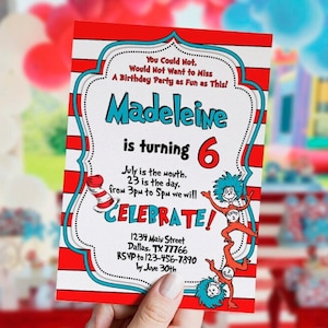 Bewerkbare uitnodiging, rood blauw feest, verjaardag, tekenfilm, The Cat, Thing, tweeling, sjabloon, digitale bestanden, neutraal, afdrukbaar, DIGITAAL, Instant