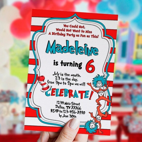 Invito modificabile, festa rosso blu, compleanno, cartone animato, The Cat, Thing, gemelli, modello, file digitali, neutro, stampabile, DIGITALE, istantaneo