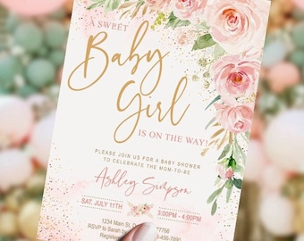 Blush Pink Baby Shower Invitation girl, pink floral, sweet baby girl, gold pink, printable, DIGITAL, template, Instant, FBG, Editable