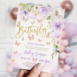 EDITIERBARE Schmetterling Baby Shower Einladung Mädchen, Lavendel Blumen, kleiner Schmetterling, Aquarell, lila, printable, DIGITAL, Vorlage, INSTANT