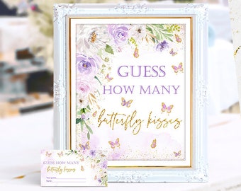 Guess how many butterfly kisses game, Butterfly baby shower, lavender, purple, sign and card, printable, NON- EDITABLE, INSTANT Download