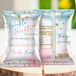 EDITÁVEL Twinkle twinkle little star chip bag, gênero revelado, blush azul, aquarela, Corjl, imprimível, modelo, DIY, INSTANT Download