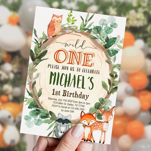 EDITABLE Wild One Woodland birthday invitation, boy, trunk, wood slice, fox, deer, owl, rustic, template, digital files, INSTANT