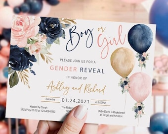 Floral gender reveal invitation Set, navy blush gold, balloon, blue pink, printable, boy or girl, DIGITAL template, INSTANT, Corjl, Editable