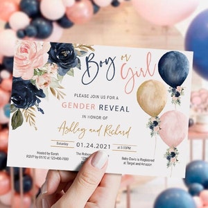 EDITABLE Floral gender reveal invitation Set, navy blush gold, balloon, blue pink, printable, boy or girl, DIGITAL template, INSTANT, Corjl