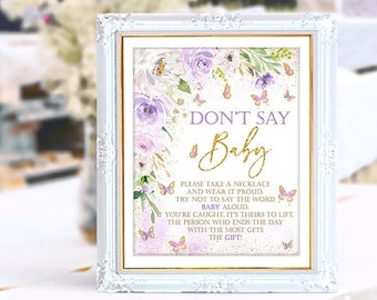 Don't say Baby sign, Butterfly baby shower, game, lavender, purple, sign and card, printable, NON- EDITABLE, INSTANT Download, BTFL1