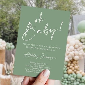 Convite EDITÁVEL para chá de bebê Sage Green, moderno, tema neutro, minimalista, modelo, DIGITAL, para impressão, download instantâneo