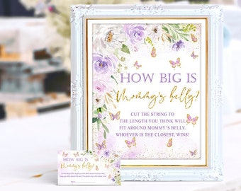 Guess how big is mommy's belly game set, Butterfly baby shower, lavender, purple, sign and card, printable, NON- EDITABLE, INSTANT Download