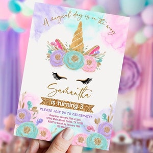 EDITABLE Unicorn Birthday Invitation girl, FREE thank you tag, Welcome sign, water bottle label, pink purple mint, printable, template, set